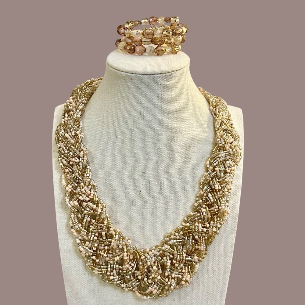 Beaded Bib Necklace & Glass Crystal Wire-Wrapped Bracelet Bundle Boho